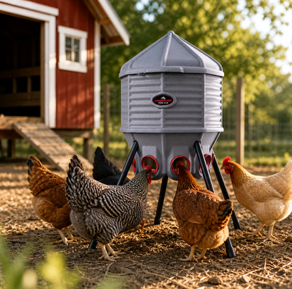 A gray poultry feeder with four black legs and red dispensing holes, shown outdoors on a farm with several chickens around it. A red barn and green trees are in the background.