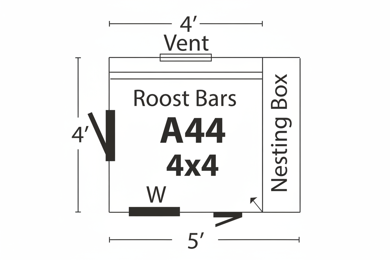 Blueprint diagram showing the layout of the A-frame chicken coop with roosting bars, nesting box, and ventilation placement