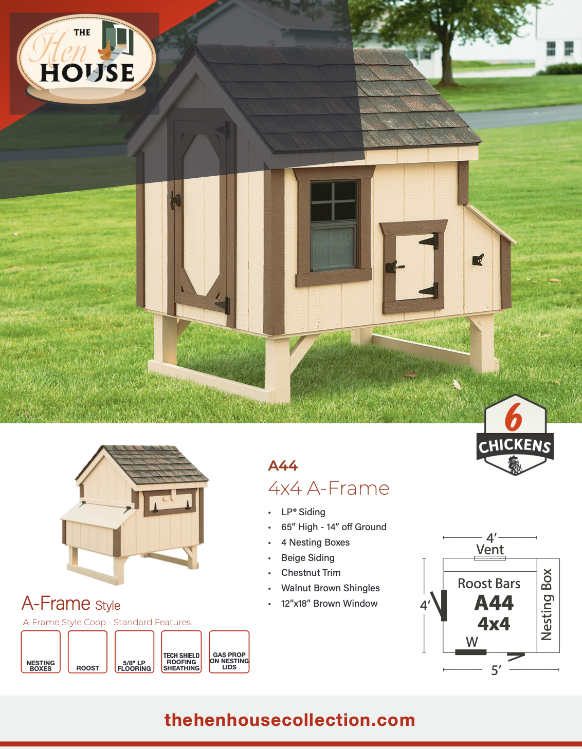 A44 4x4 A-frame chicken coop showing exterior view, standard features, and layout diagram for up to six chickens