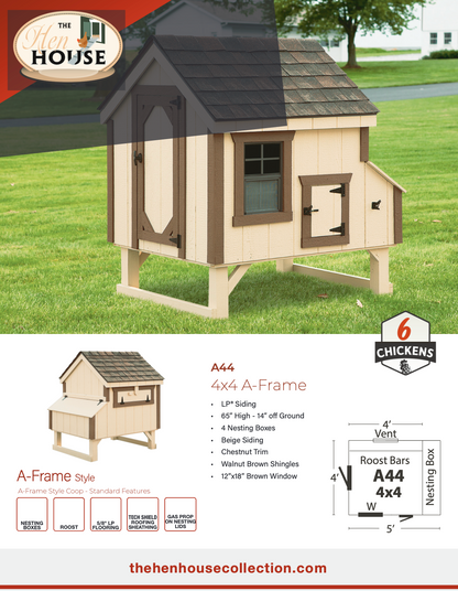 A44 4x4 A-frame chicken coop showing exterior view, standard features, and layout diagram for up to six chickens