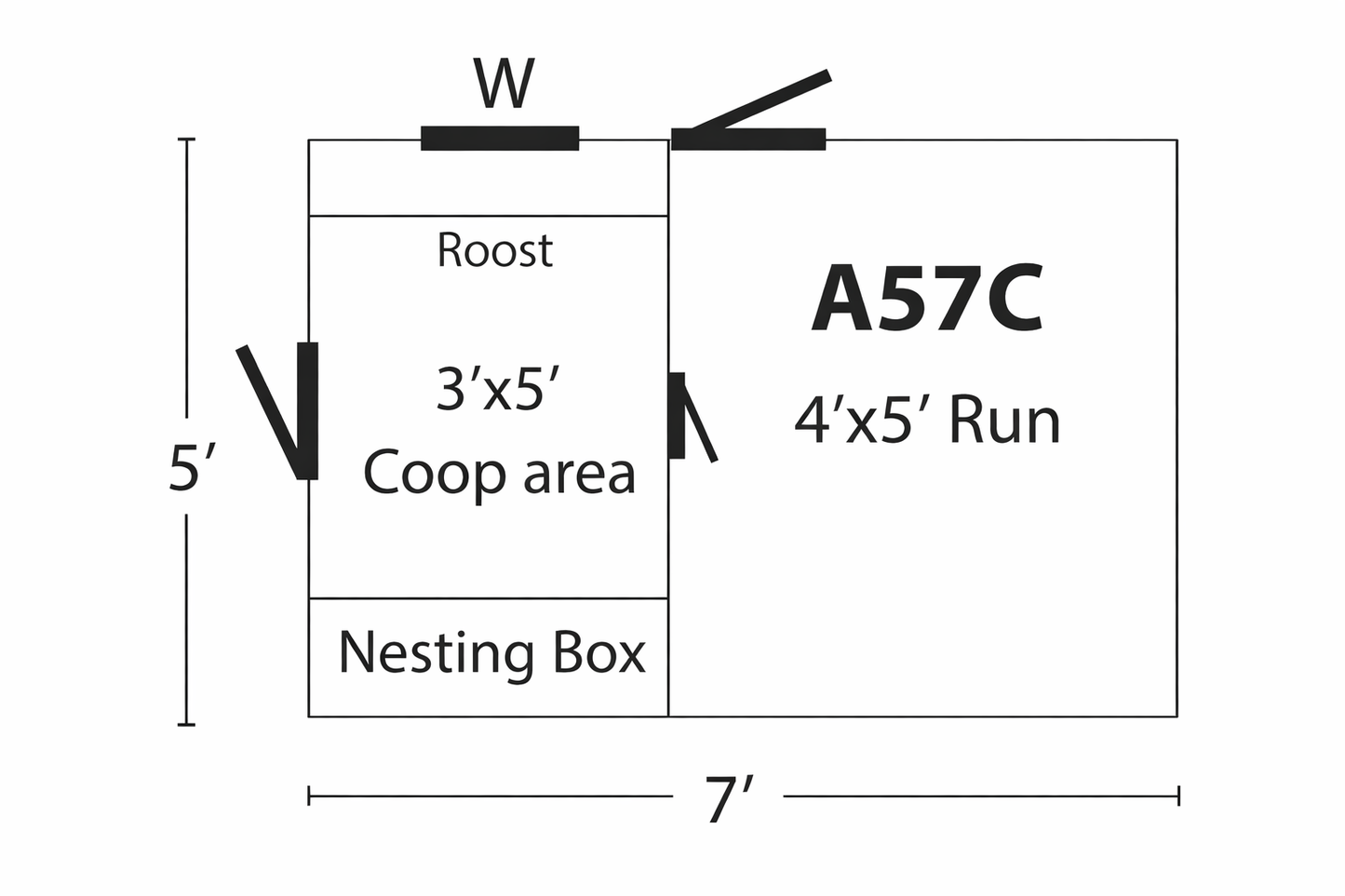 A57C chicken coop blueprint showing layout dimensions of coop and run