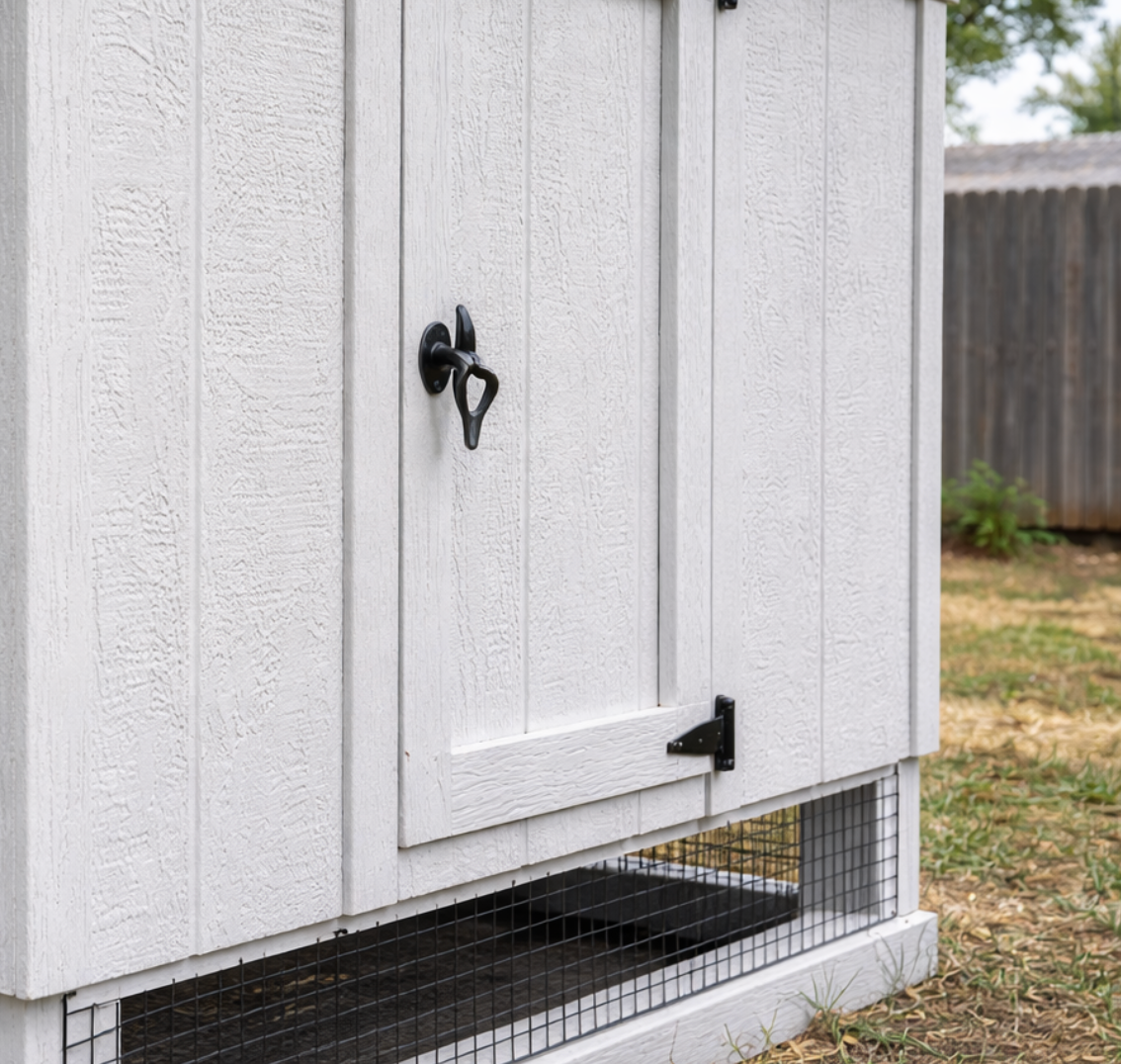 Close up of chicken coop siding showing durable wood construction A57C