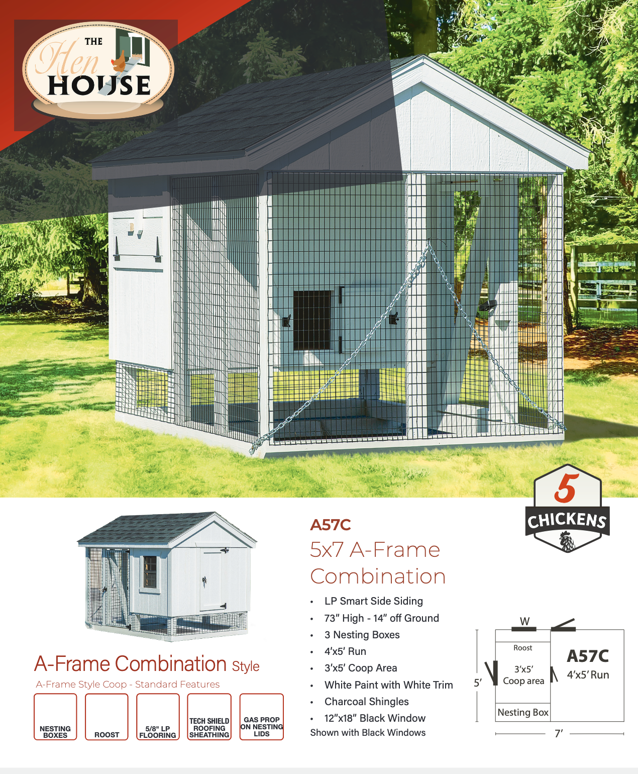 A57C chicken coop spec sheet with features, materials, and size details