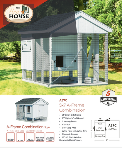 A57C chicken coop spec sheet with features, materials, and size details