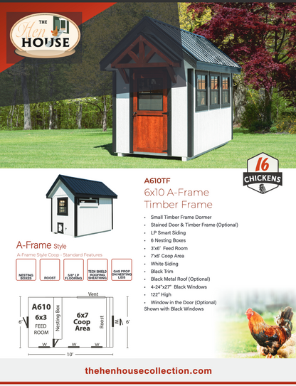 Product overview graphic of A610TF 6x10 A-frame chicken coop highlighting features and layout
