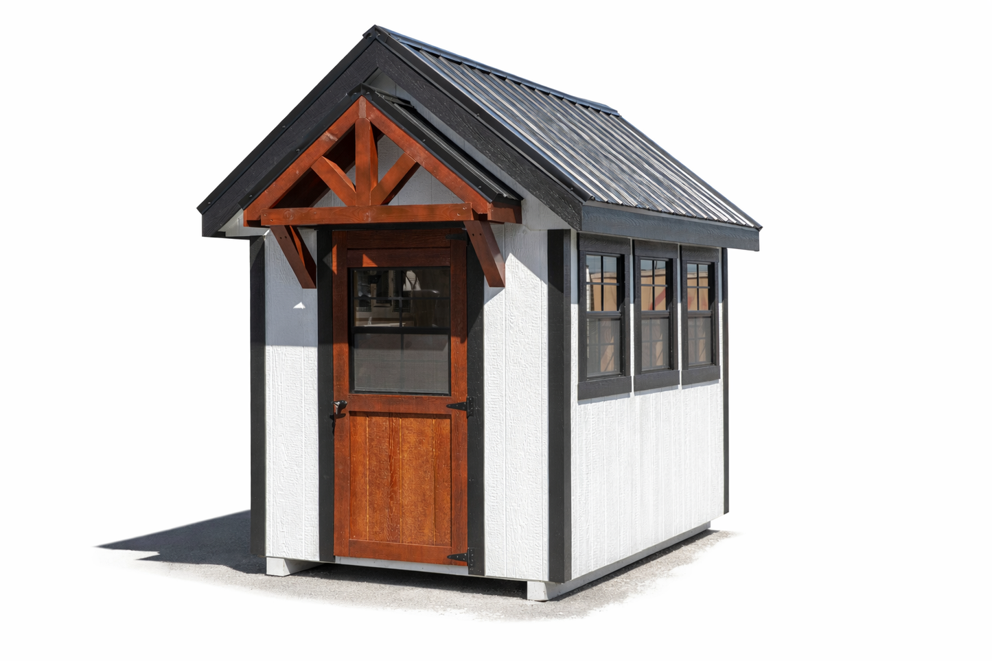 Front view of A610TF A-frame chicken coop featuring timber frame entry and stained wood door