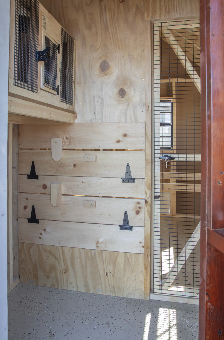 Close-up of solid wood nesting box construction inside A610TF A-frame chicken coop