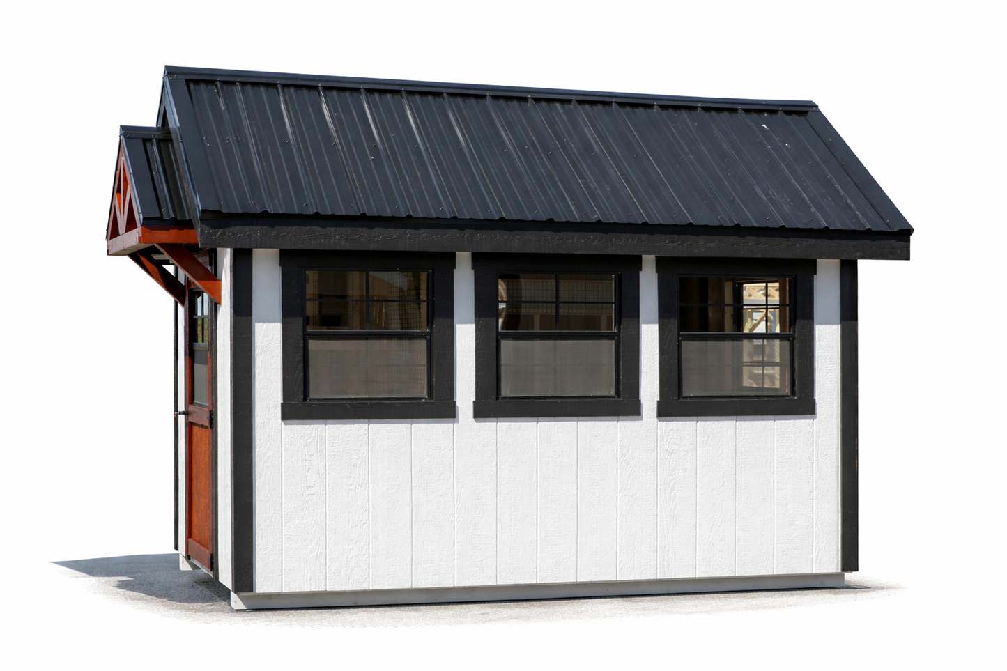 Side profile of A610TF A-frame chicken coop showing black framed windows and white LP Smart siding