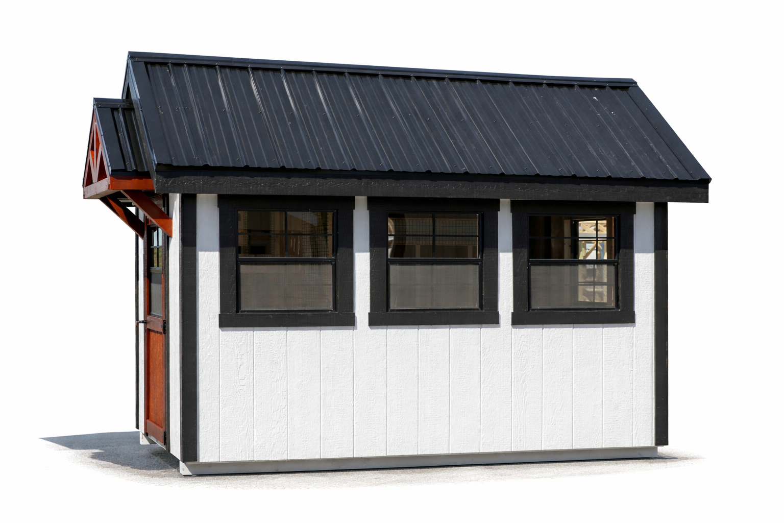 Side profile of A610TF A-frame chicken coop showing black framed windows and white LP Smart siding