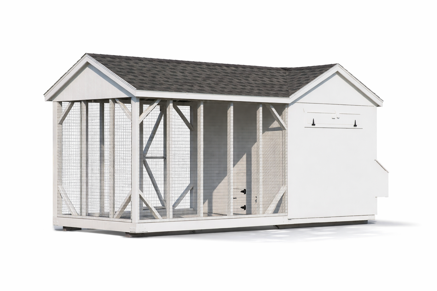 A818CRG 8x8 chicken coop with attached 8x10 run rear angle view on white background