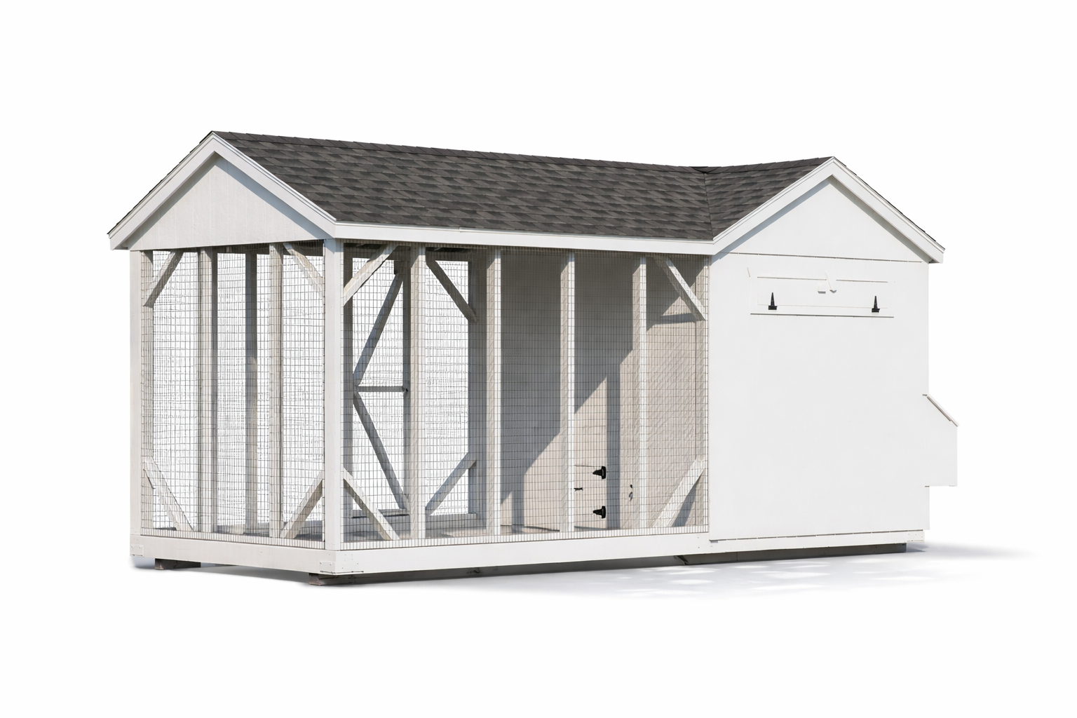 A818CRG 8x8 chicken coop with attached 8x10 run rear angle view on white background
