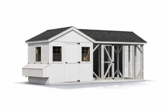 A818CRG 8x8 chicken coop with 8x10 run in white with black shingle roof shown on white background front view