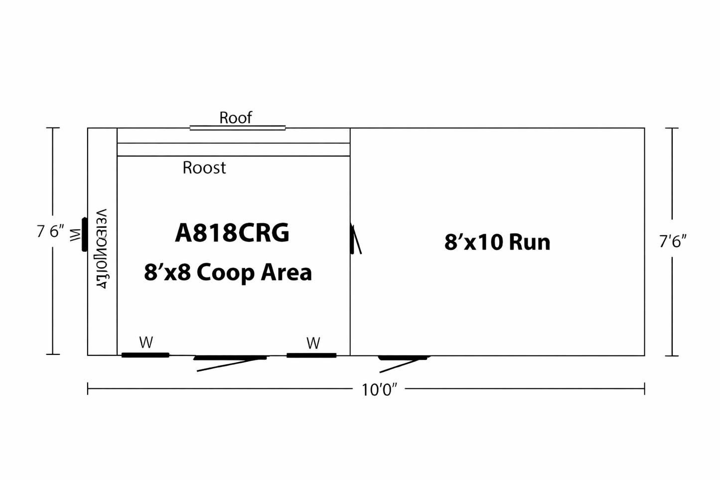 A818CRG chicken coop blueprint showing 8x8 coop area and 8x10 run dimensions with height measurements
