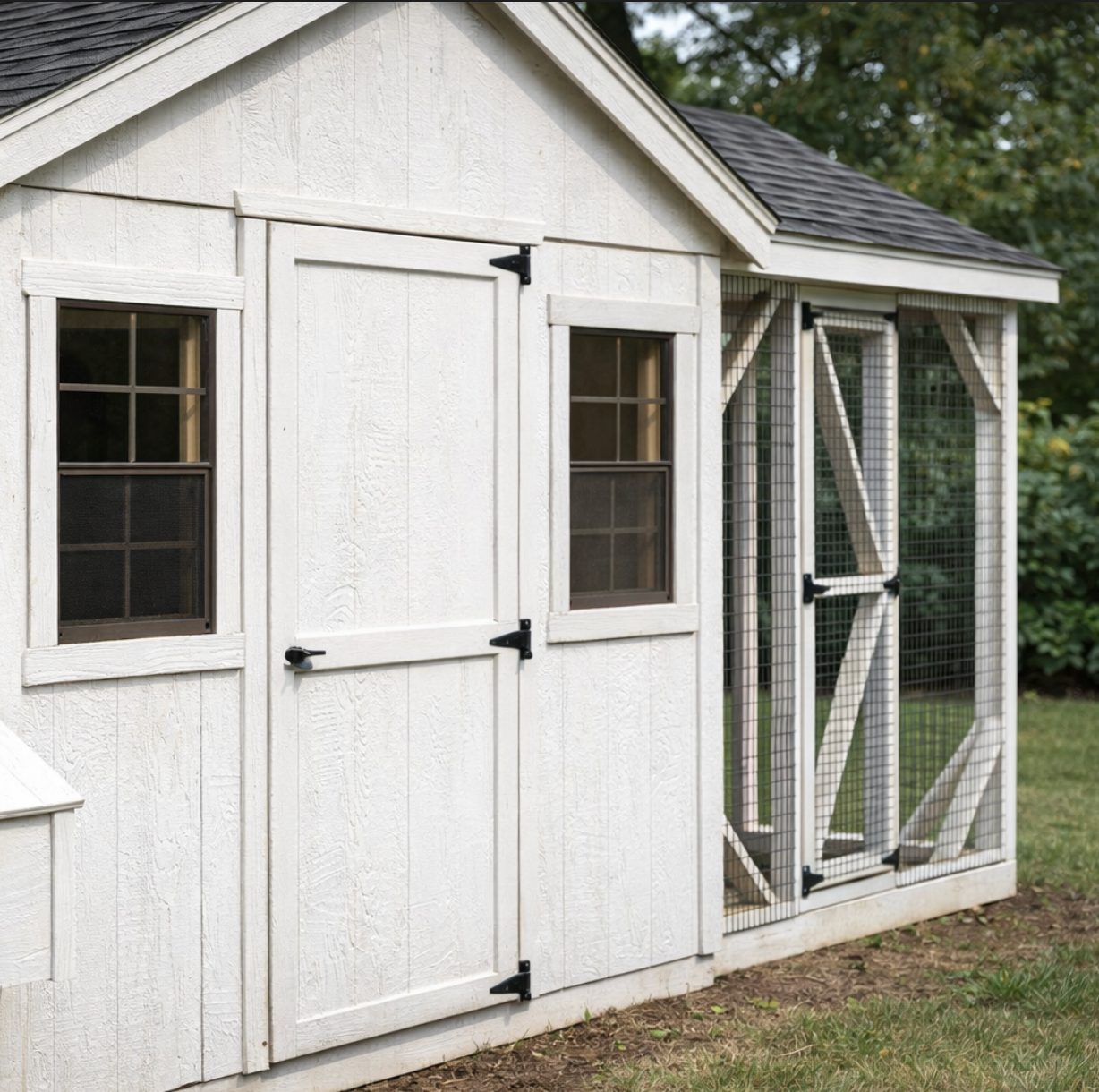 Close up of A818CRG chicken coop white wood siding showing textured panel detail and durable exterior finish