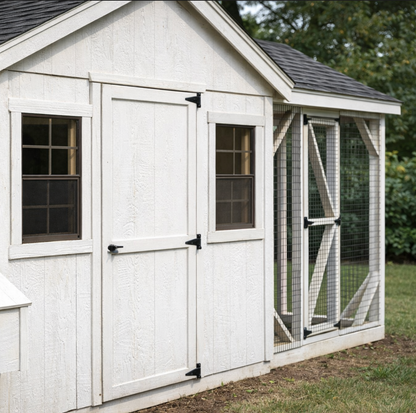 Close up of A818CRG chicken coop white wood siding showing textured panel detail and durable exterior finish
