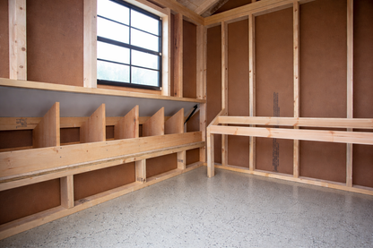 Close up of A818CRG chicken coop interior nesting boxes showing natural wood build quality