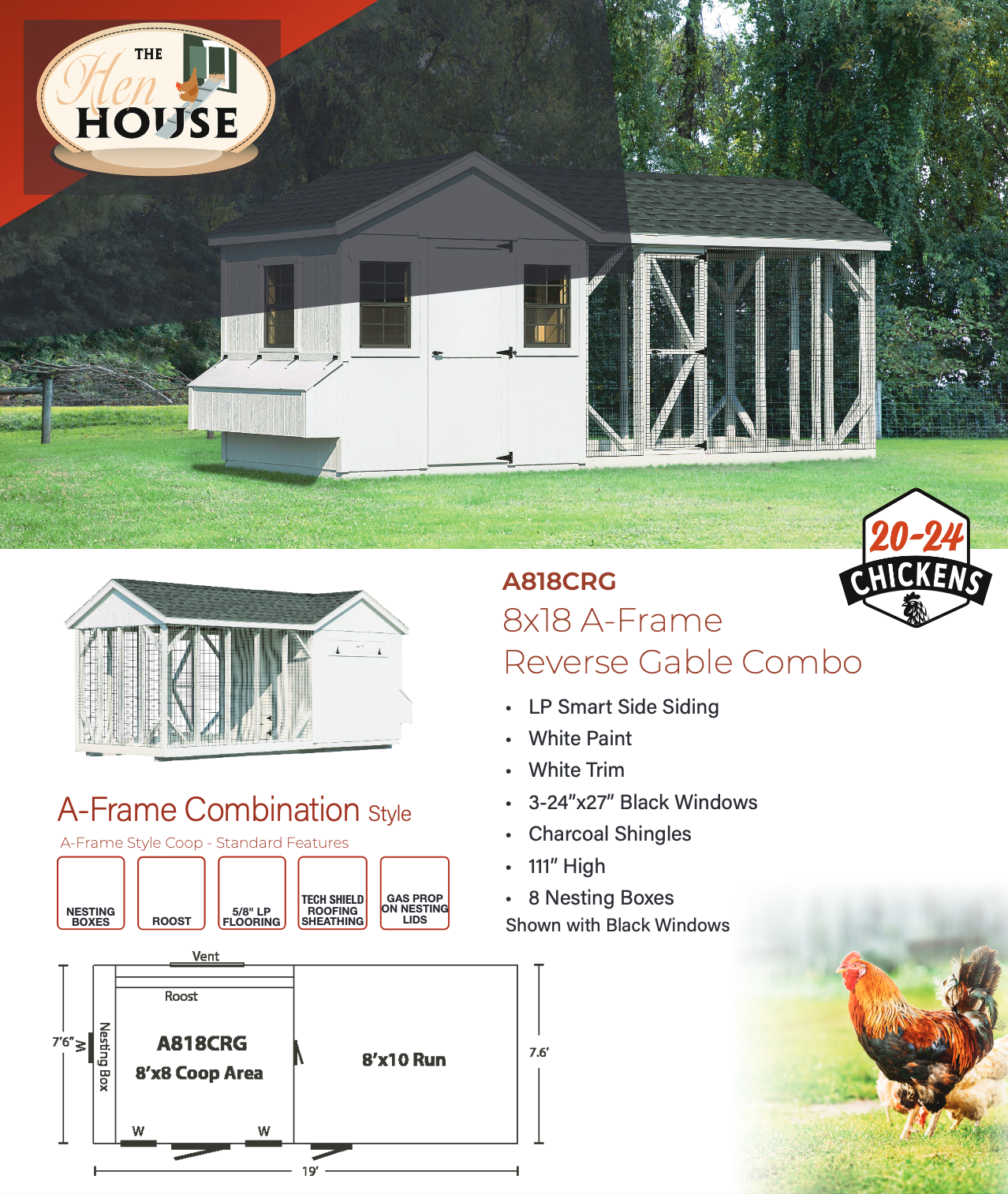 A818CRG chicken coop specification sheet detailing dimensions materials features and construction information