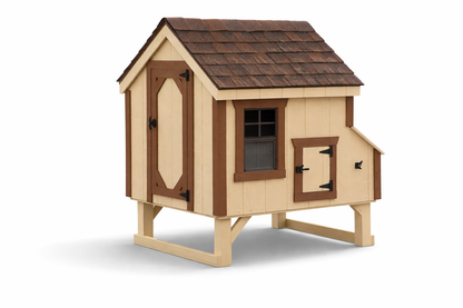 Amish-built 4x4 A-frame chicken coop on white background with elevated wooden base