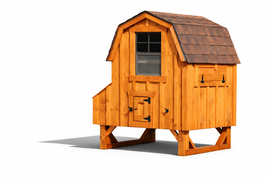 Amish-built 4x4 Dutch style chicken coop made from solid board and batten wood. Elevated hen house design with gambrel roof fitting up to 6 chickens.
