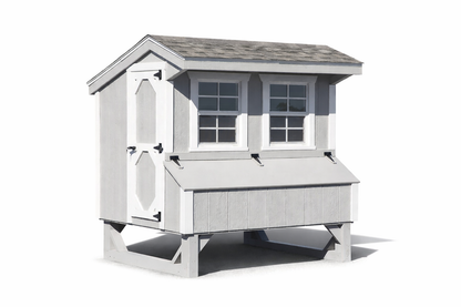 Amish-built 4x6 Quaker chicken coop in gray with standard trim and shingle roof
