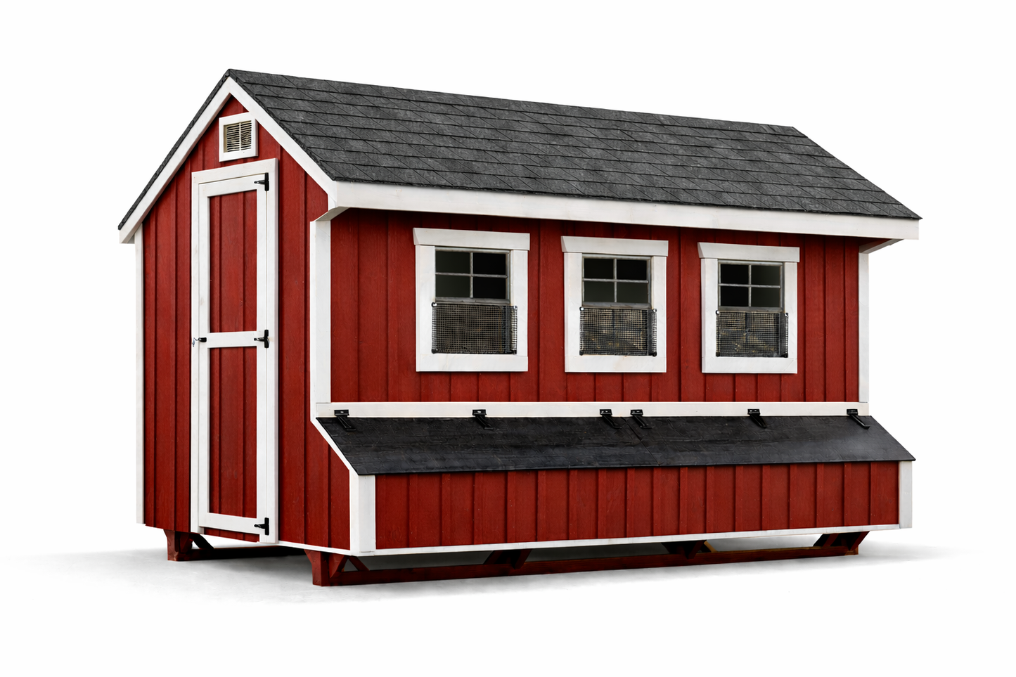 Amish-built Q712 7×12 Quaker chicken coop shown in red with white trim and exterior nesting boxes