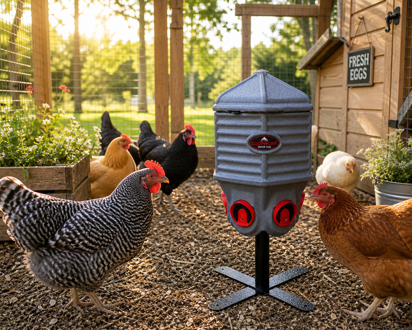 Backyard chicken coop with healthy flock using elevated water silo providing clean fresh water in natural outdoor setting