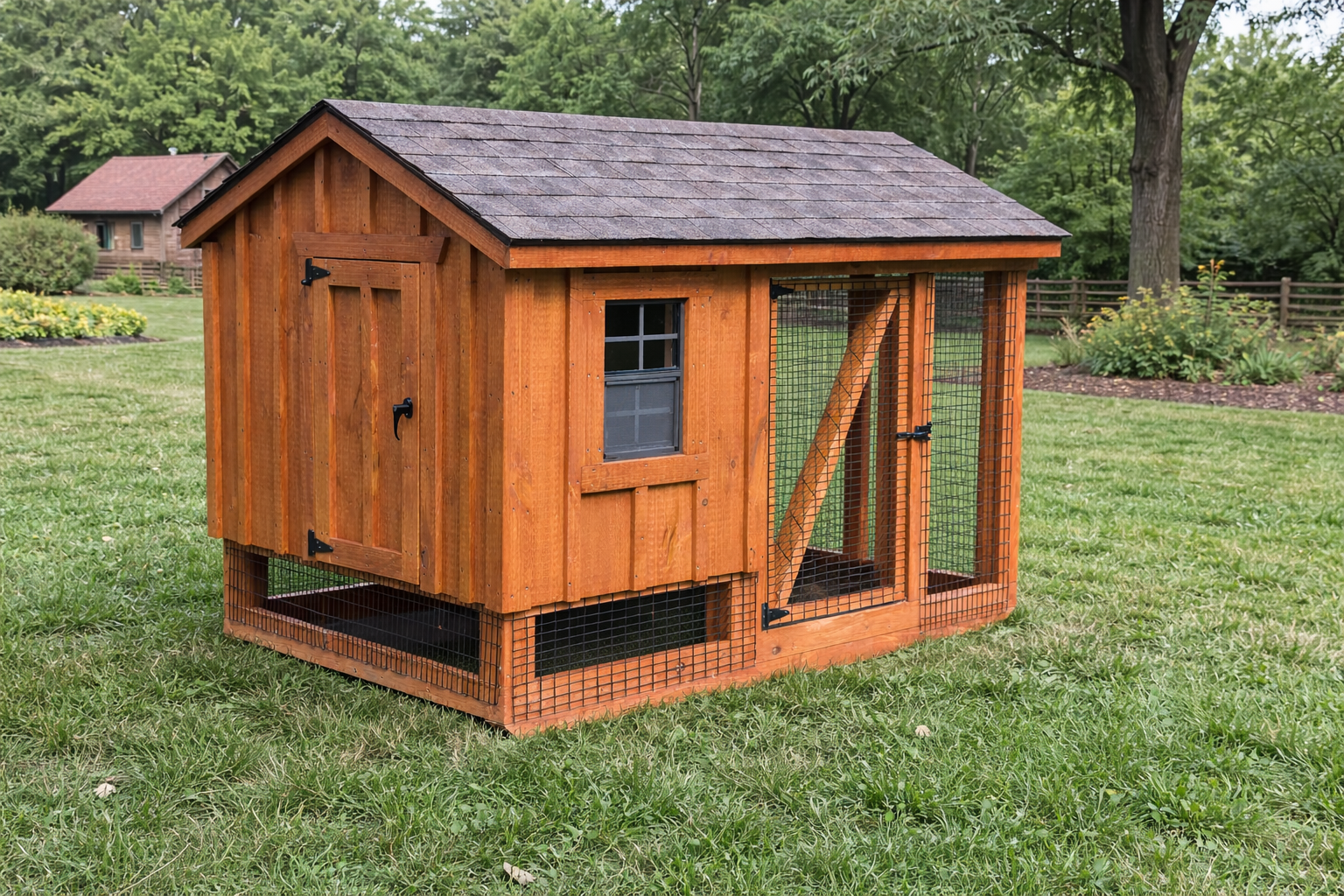 Backyard chicken coop with wire mesh run A57C durable design