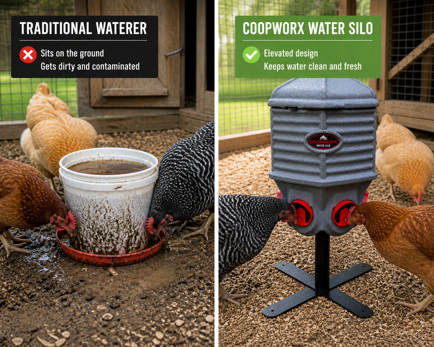 Modern chicken water silo compared to traditional water system highlighting clean water benefits and reduced maintenance