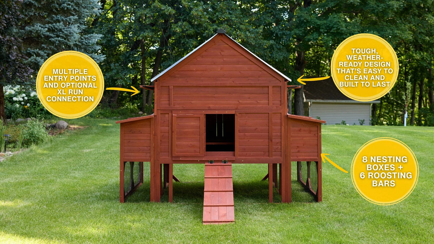 Brahma chicken coop product graphic with feature callout badges highlighting key construction details and included components