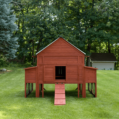 Brahma large flock chicken coop fully assembled in a backyard garden setting showing elevated design and enclosed run area