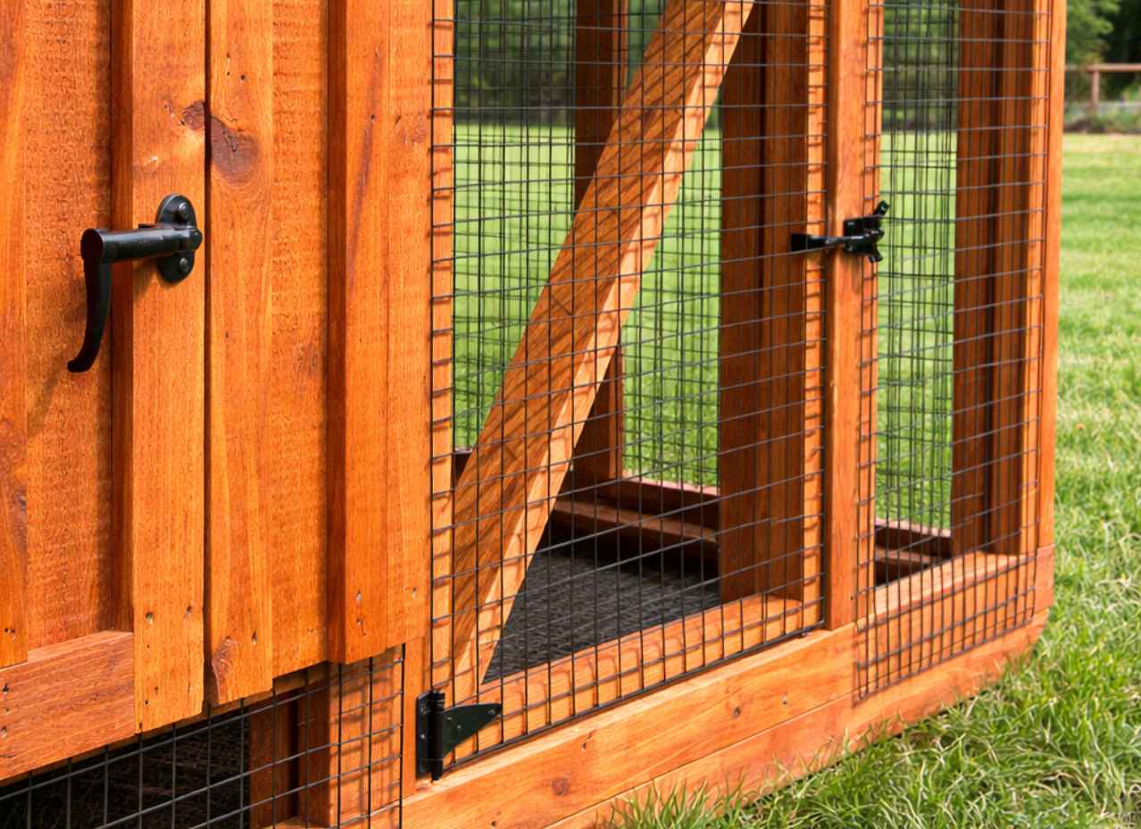 Chicken coop door latch and hardware detail on A57C coop