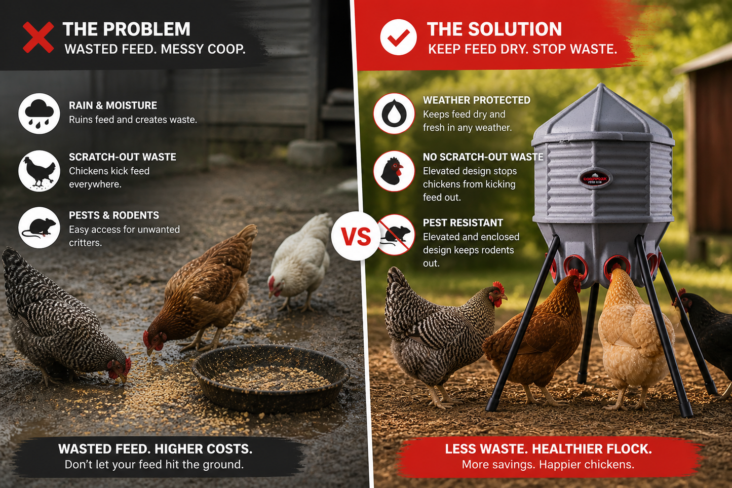 Comparison of messy chicken feeder versus CoopWorx feed silo reducing feed waste