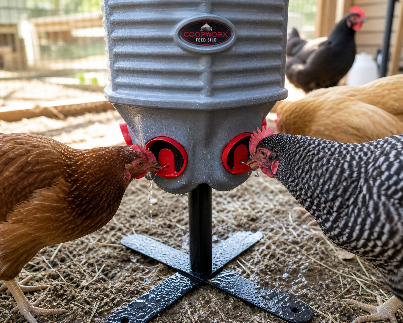 Chickens drinking clean water from elevated poultry water silo in backyard coop close up showing drip system and clean water access