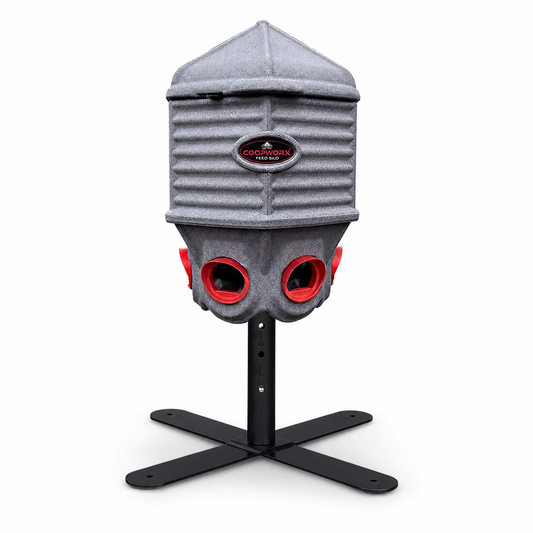 CoopWorx 40 lb feed silo II chicken feeder with X-base stand, weatherproof no-waste poultry feeder