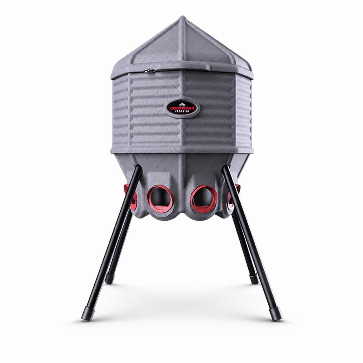 CoopWorx 80 lb chicken feed silo with telescoping legs on white background