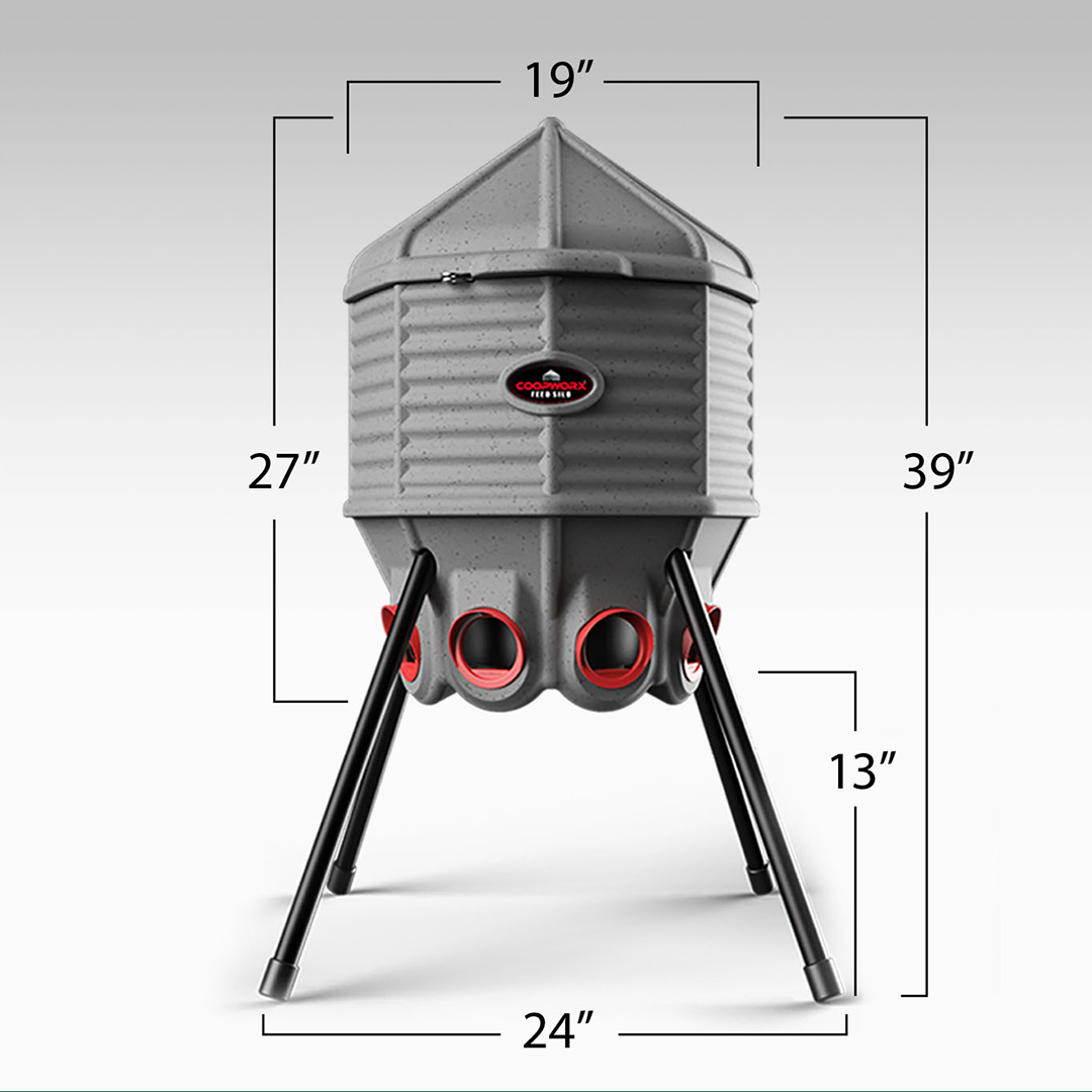 CoopWorx 80 lb feed silo dimensions, height settings and capacity details