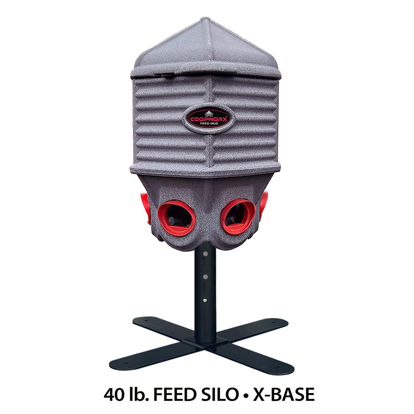 Front view of CoopWorx 40 lb chicken feed silo with soft-touch feeding ports

