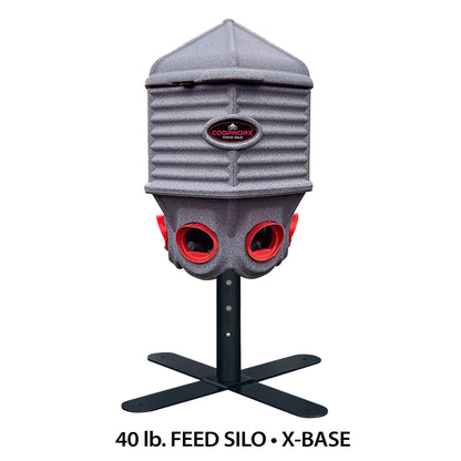 Front view of CoopWorx 40 lb chicken feed silo with soft-touch feeding ports
