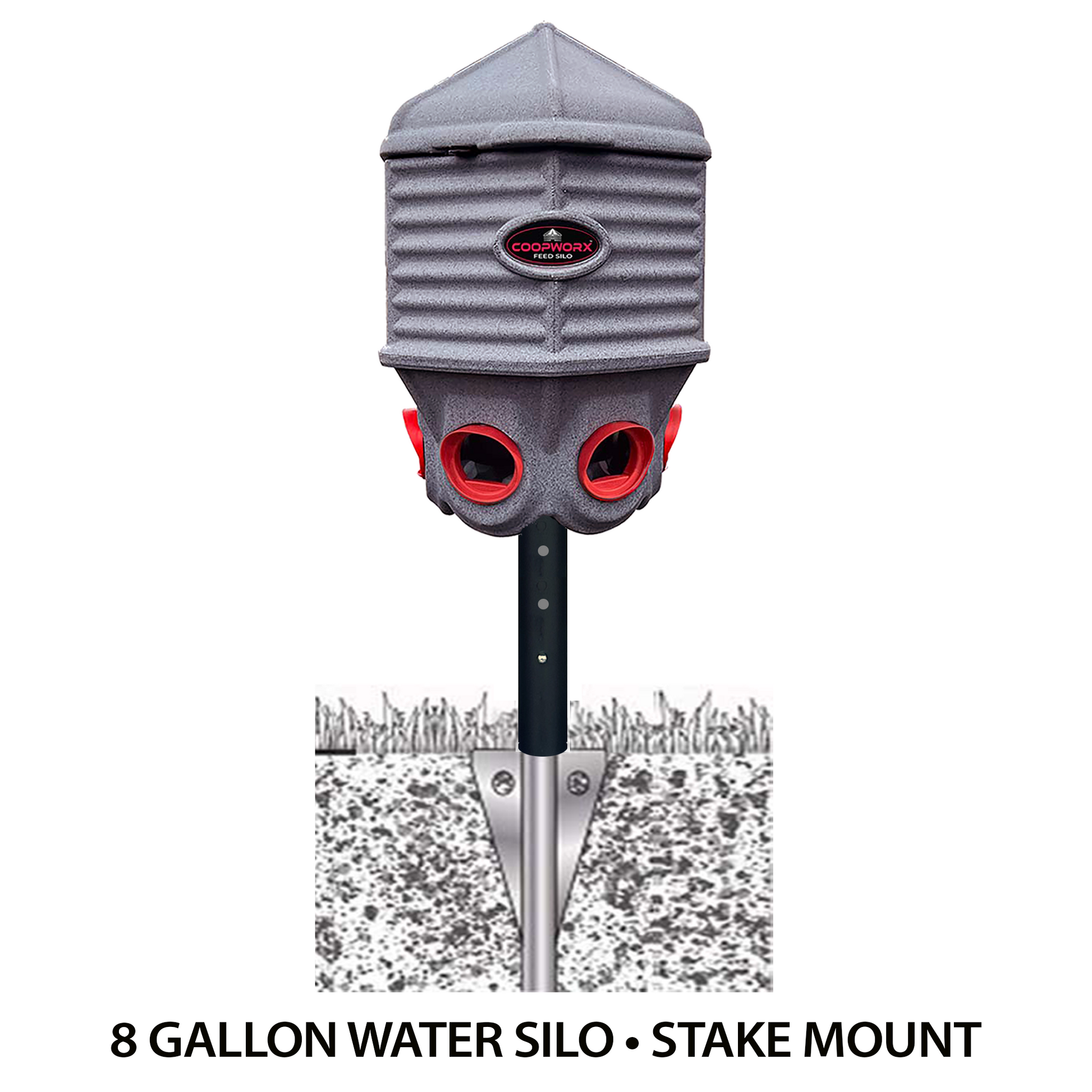 8-gallon water silo with stake mount on a white background