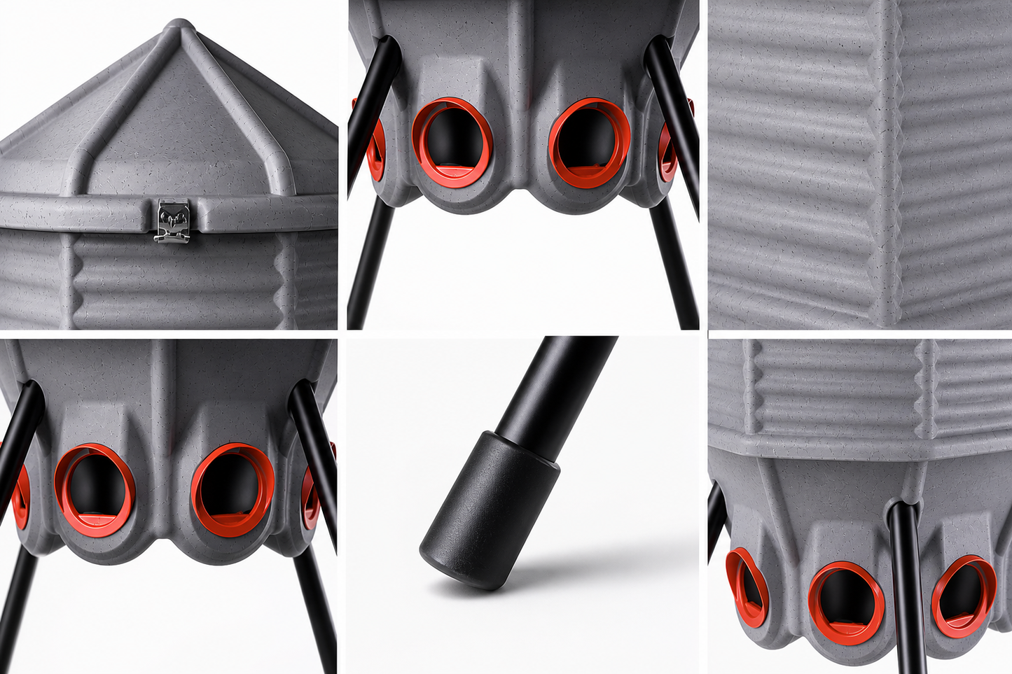 Close-up details of CoopWorx feed silo showing lid, feed ports and adjustable legs