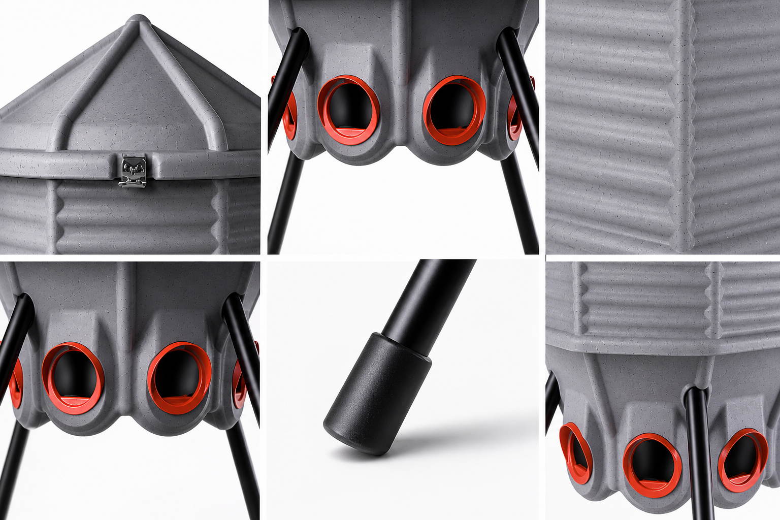 Close-up details of CoopWorx feed silo showing lid, feed ports and adjustable legs