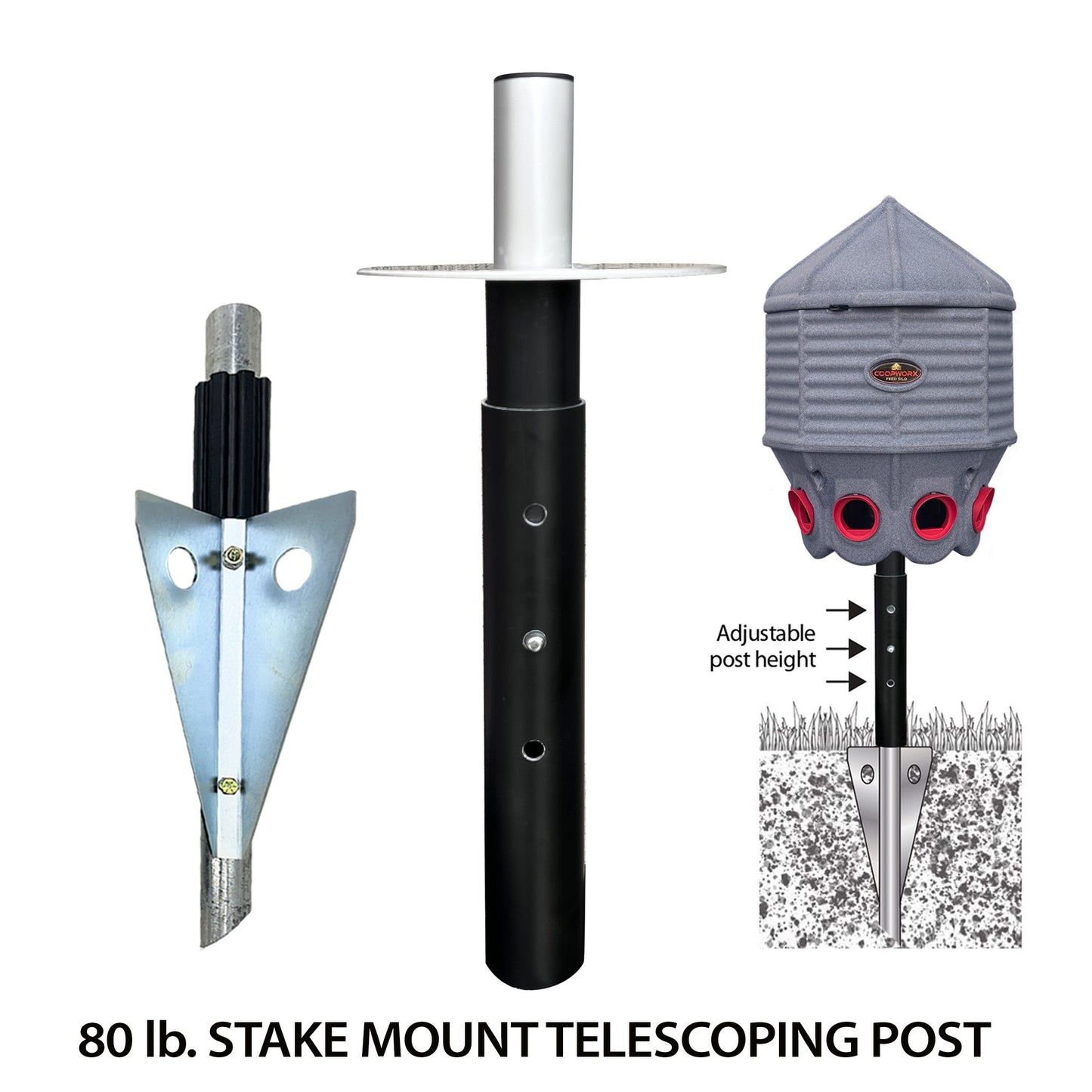 CoopWorx feed silo mounting options including stake mount and X-base telescoping post