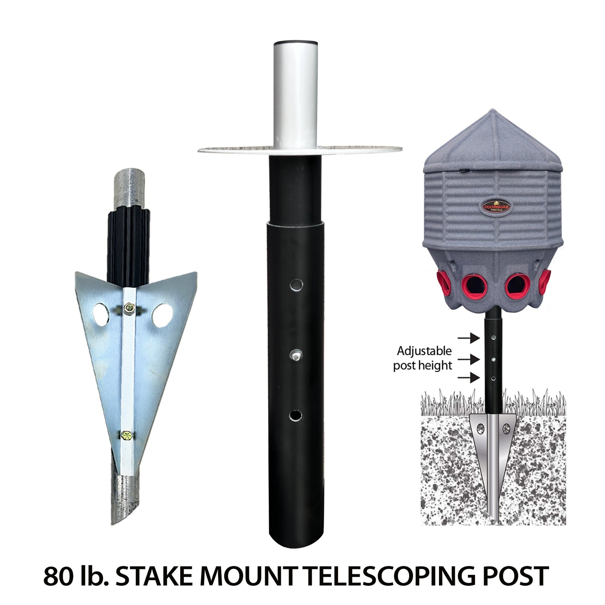 CoopWorx feed silo mounting options including stake mount and X-base telescoping post