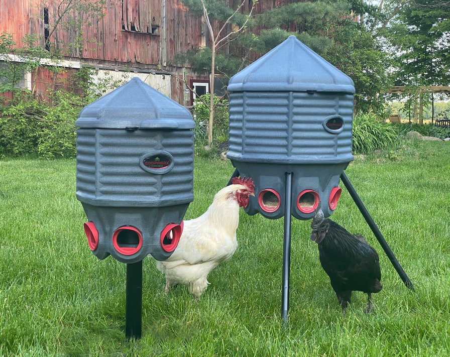 Angled view of CoopWorx poultry feeder silo showing durable construction