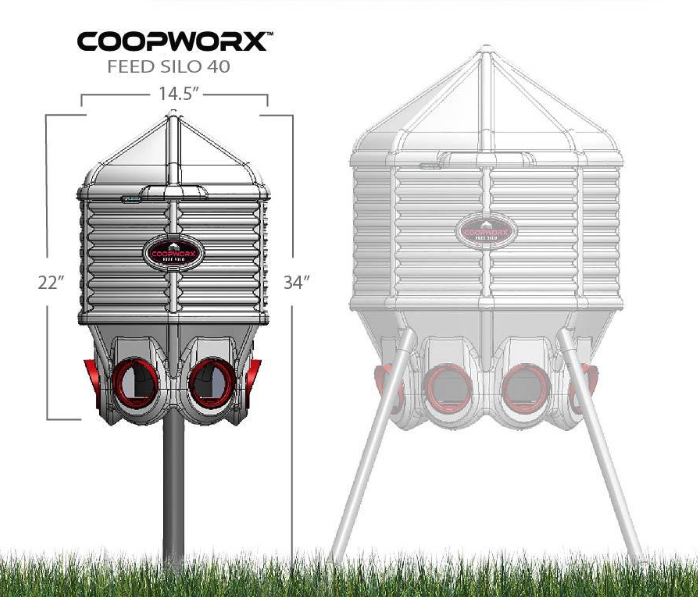 Coopworx feed silo 40 with dimensions on a white background