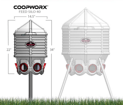 Coopworx feed silo 40 with dimensions on a white background