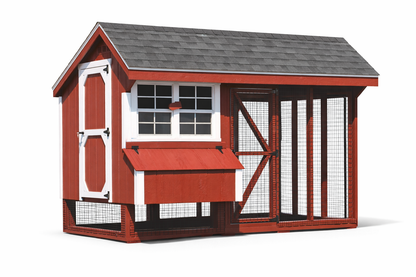 Custom Amish-built 6x10 Quaker chicken coop with barn red siding, white trim, and charcoal shingle roof 