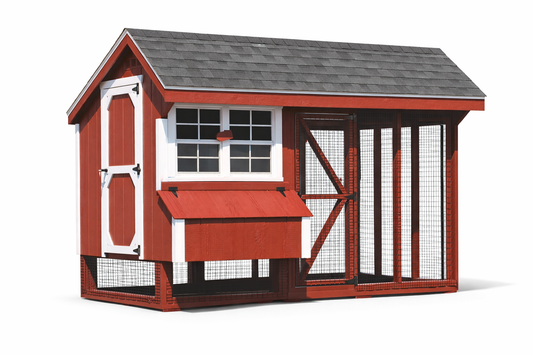 Custom Amish-built 6x10 Quaker chicken coop with barn red siding, white trim, and charcoal shingle roof 