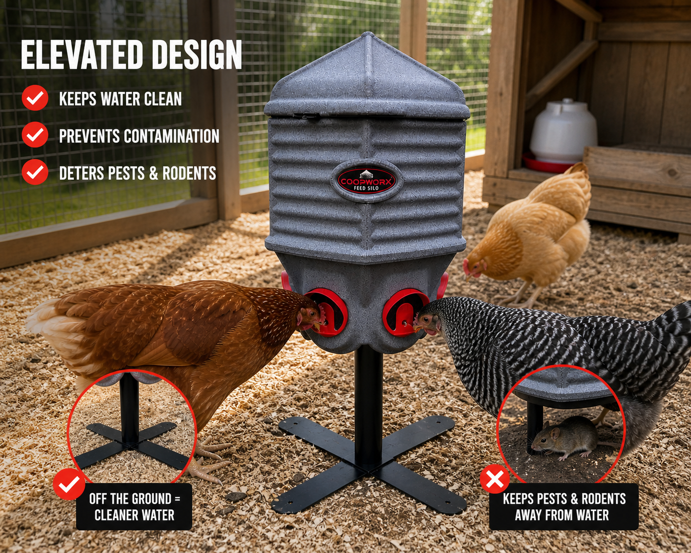 Elevated chicken water silo keeping water off the ground to prevent dirt contamination and reduce pests in coop