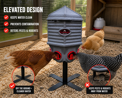 Elevated chicken water silo keeping water off the ground to prevent dirt contamination and reduce pests in coop